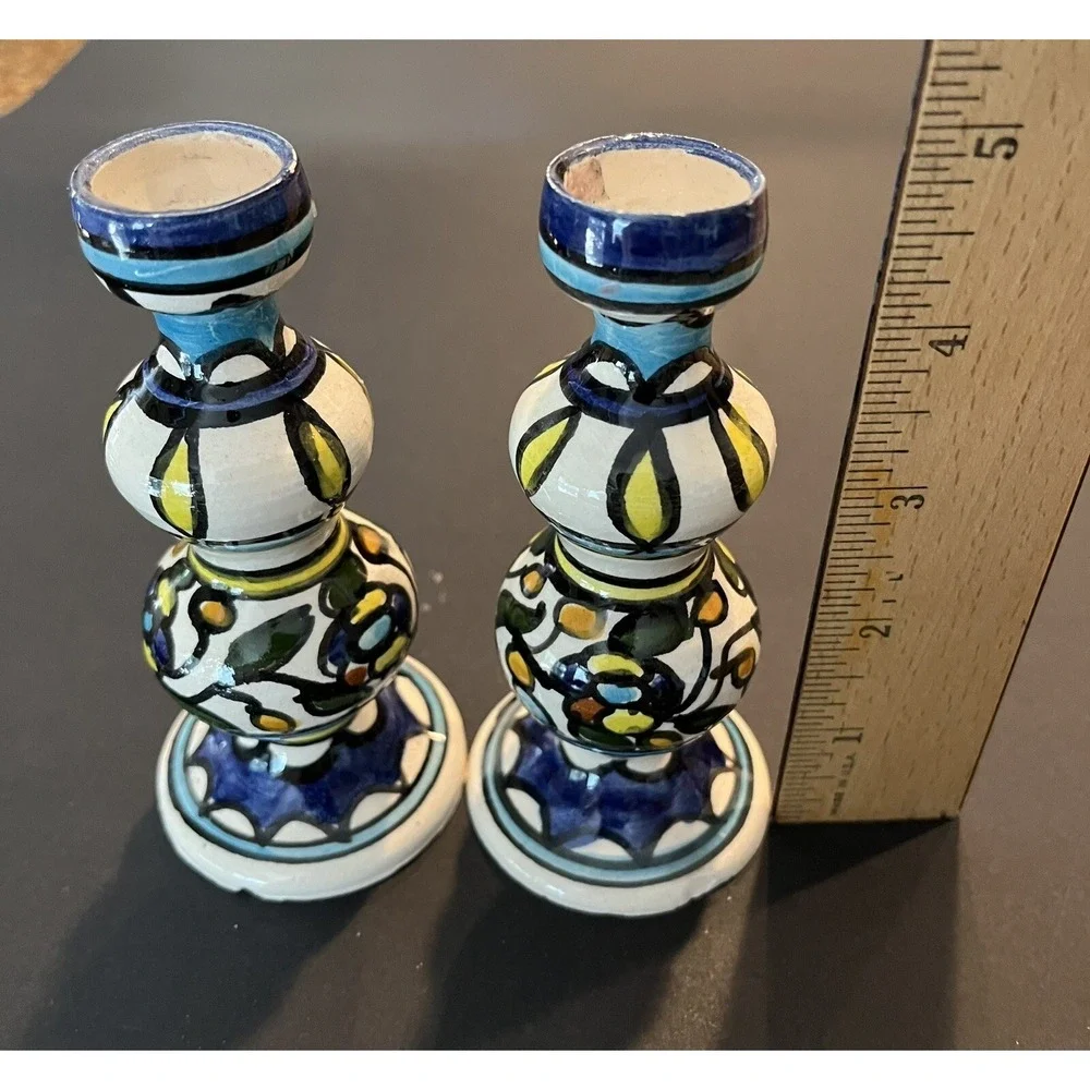 Israeli Ceramic Pottery Iznik Shabat Candlesticks Hand‎ Painted